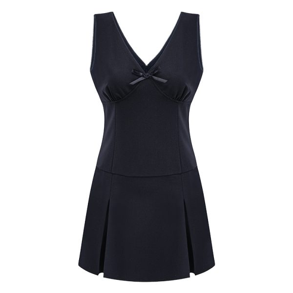 Deep V-Neck Waist-Cinching A-Line Tank Dress - Pleated Short Skirt in European American College Style for Summer