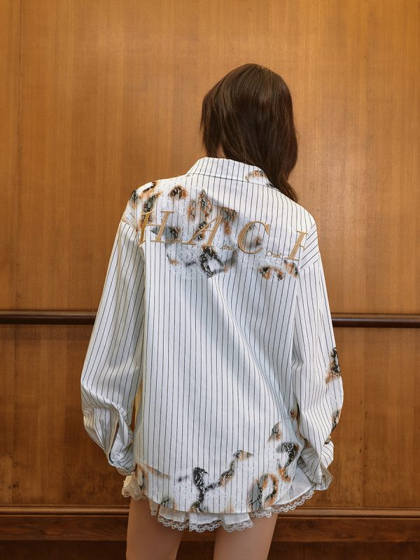 Destroyed Burnt Lace Embroidery Vintage Striped Long Sleeve Shirt - High-End 90s Y2K Inspired Fashion Top