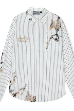 Destroyed Burnt Lace Embroidery Vintage Striped Long Sleeve Shirt - High-End 90s Y2K Inspired Fashion Top