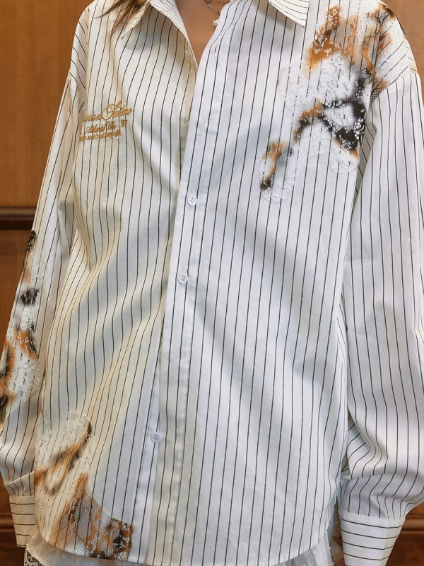 Destroyed Burnt Lace Embroidery Vintage Striped Long Sleeve Shirt - High-End 90s Y2K Inspired Fashion Top