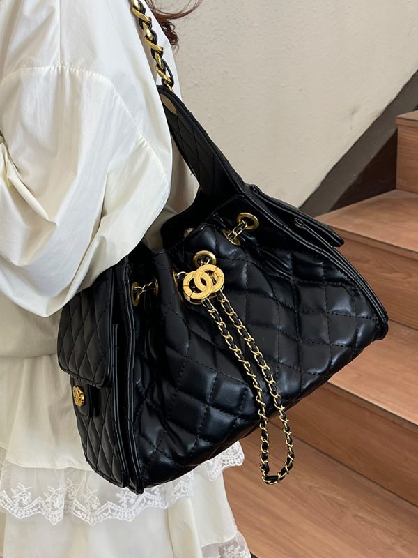 Diamond-Pattern Chain Small Bucket Bag - Trendy 2025 Summer Women's Drawstring Shoulder Bag with Large Capacity