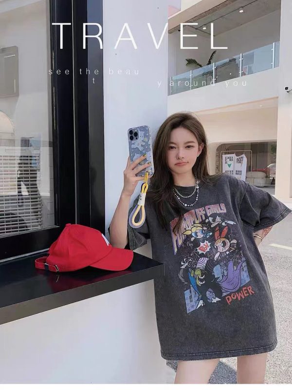 Distressed American Retro Powerpuff Girls Short Sleeve T-Shirt for Women - Trendy Casual Loose Fit Top
