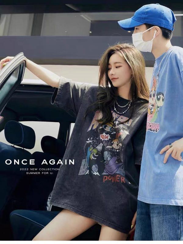 Distressed American Retro Powerpuff Girls Short Sleeve T-Shirt for Women - Trendy Casual Loose Fit Top