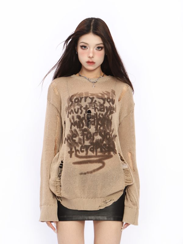 Distressed Hollow-Out Knitted Top for Women - American Style Long Sleeve Sun Protection Cover-Up - Summer Spicy Girl Fashion