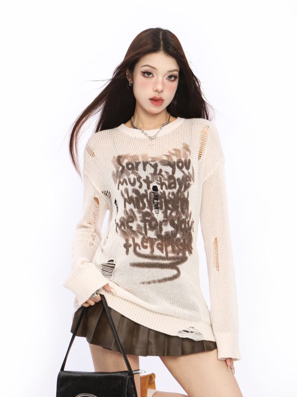 Distressed Hollow-Out Knitted Top for Women - American Style Long Sleeve Sun Protection Cover-Up - Summer Spicy Girl Fashion