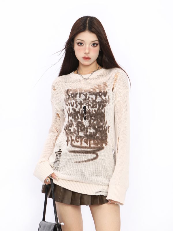 Distressed Hollow-Out Knitted Top for Women - American Style Long Sleeve Sun Protection Cover-Up - Summer Spicy Girl Fashion
