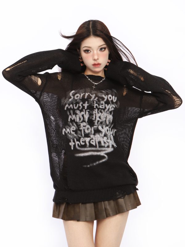 Distressed Hollow-Out Knitted Top for Women - American Style Long Sleeve Sun Protection Cover-Up - Summer Spicy Girl Fashion