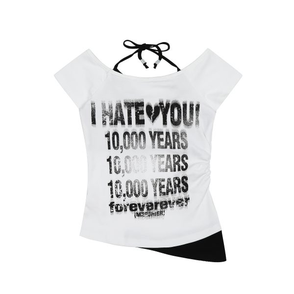 Distressed Letter Off-Shoulder Halter Two-Piece Summer T-Shirt - Slim Fit Women's Short Sleeve Top - 90s Inspired Fashion