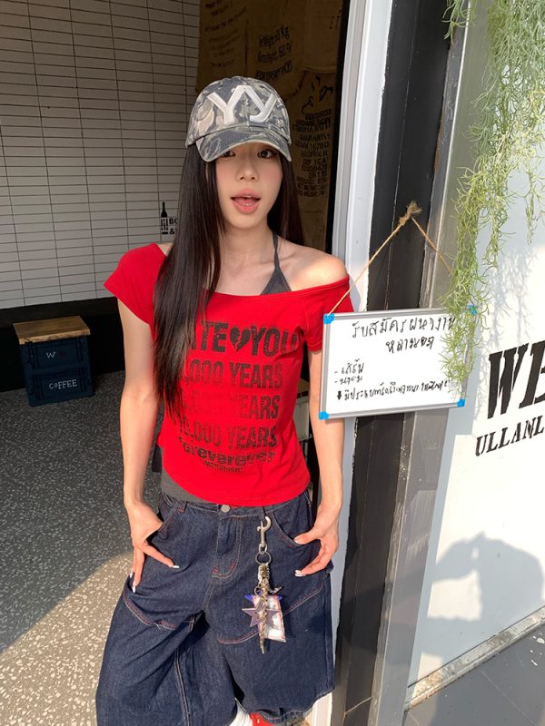 Distressed Letter Off-Shoulder Halter Two-Piece Summer T-Shirt - Slim Fit Women's Short Sleeve Top - 90s Inspired Fashion