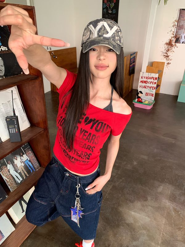 Distressed Letter Off-Shoulder Halter Two-Piece Summer T-Shirt - Slim Fit Women's Short Sleeve Top - 90s Inspired Fashion