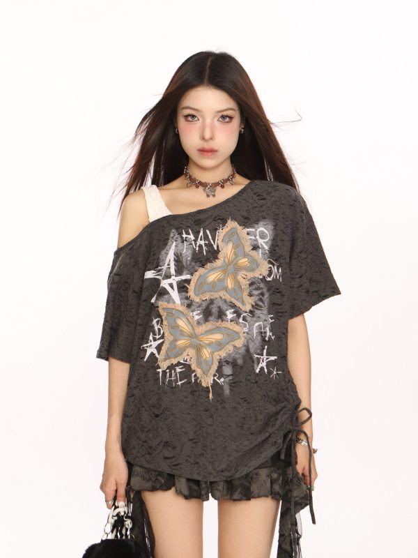Distressed Patch Butterfly Off-Shoulder Short Sleeve T-Shirt for Women - Summer 90s Style Sweet and Cool Top