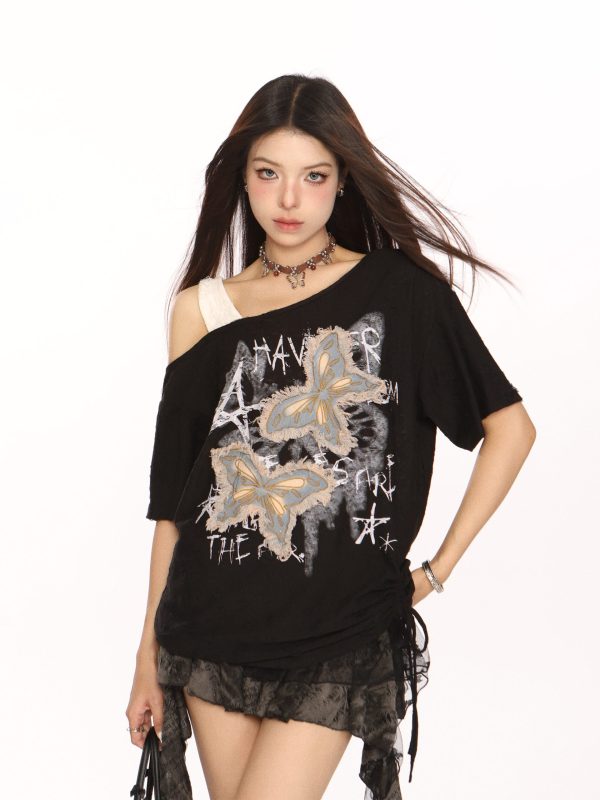 Distressed Patch Butterfly Off-Shoulder Short Sleeve T-Shirt for Women - Summer 90s Style Sweet and Cool Top