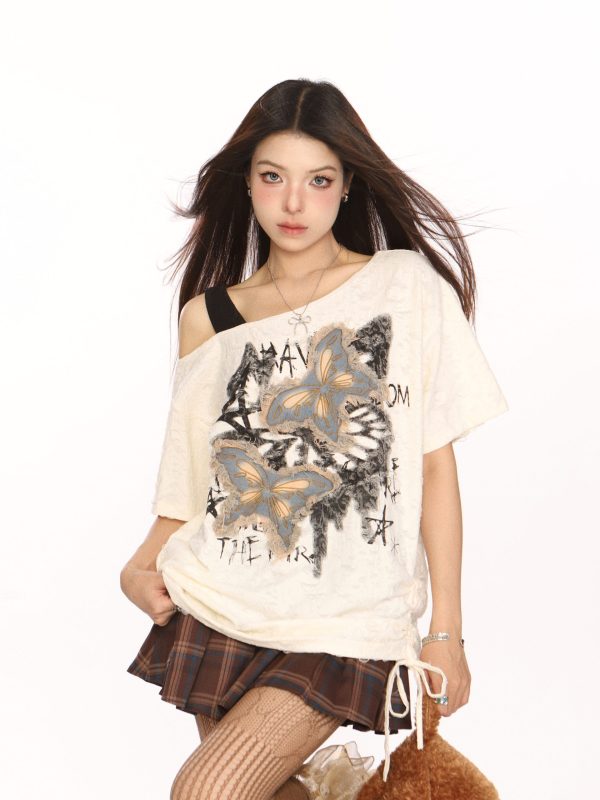 Distressed Patch Butterfly Off-Shoulder Short Sleeve T-Shirt for Women - Summer 90s Style Sweet and Cool Top