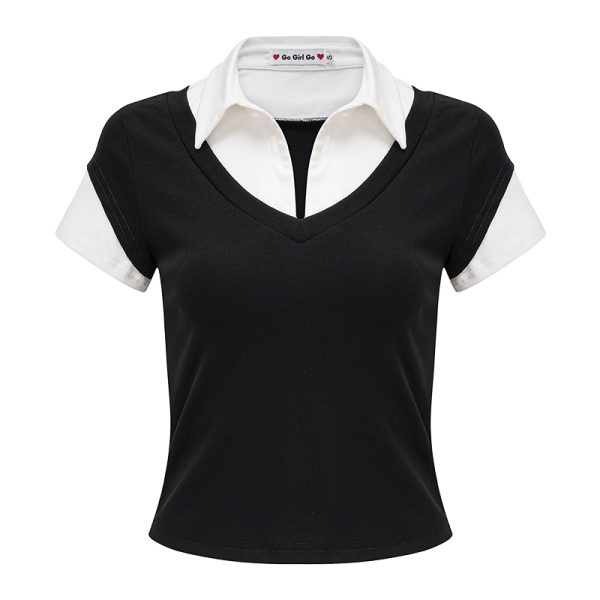 DIY American Retro Design Fake Two-Piece Lapel Short Sleeve T-Shirt for Women - Slim Fit Vintage Inspired Top