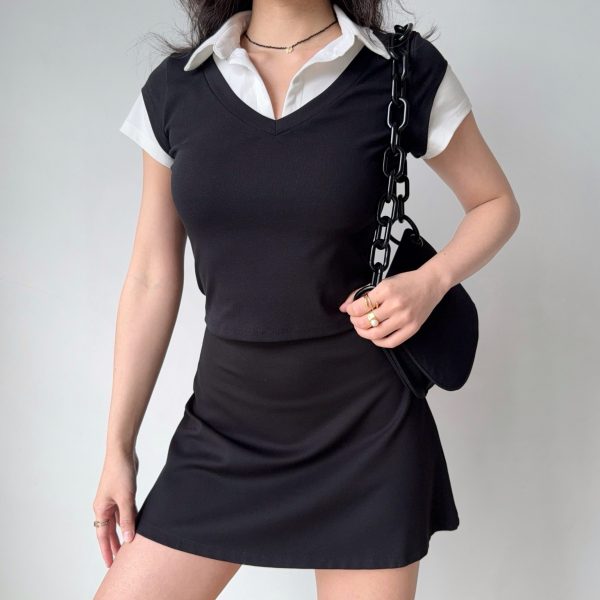 DIY American Retro Design Fake Two-Piece Lapel Short Sleeve T-Shirt for Women - Slim Fit Vintage Inspired Top