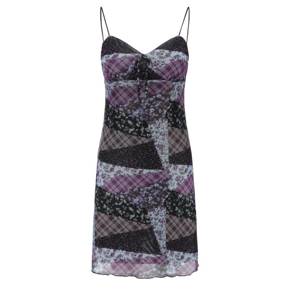DIY American Vintage Floral Patchwork Mesh V-Neck Spaghetti Strap Dress - Women's Summer Slim Short Skirt, Y2K Style