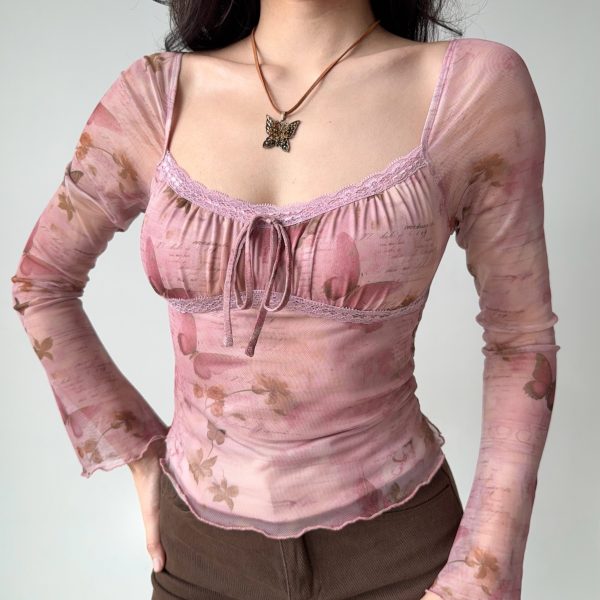 DIY American Vintage Printed Mesh U-Neck Long Sleeve T-Shirt for Women - Pink 90s Style Short Top for Early Spring