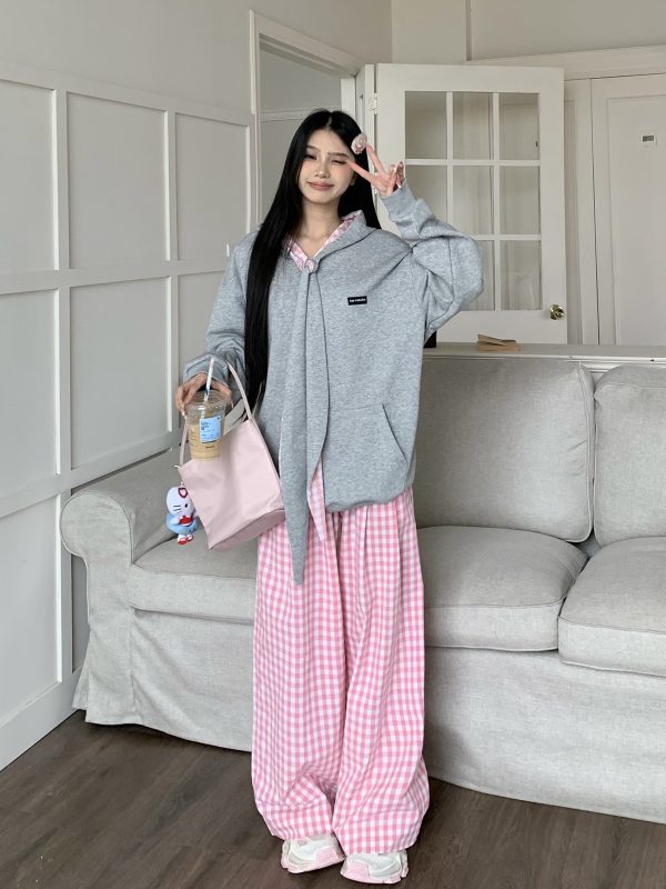 Dopamine Blue Plaid Pants for Women - Relaxed Mid-Waist Straight-Leg Wide-Leg Trousers - Casual 90s Inspired Style