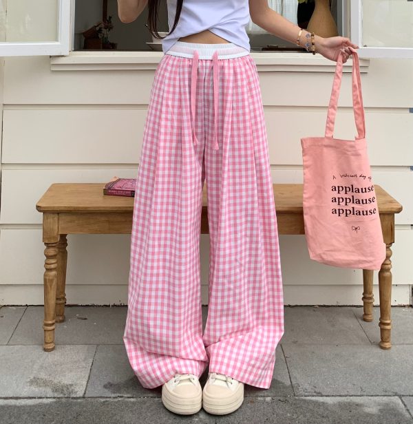 Dopamine Blue Plaid Pants for Women - Relaxed Mid-Waist Straight-Leg Wide-Leg Trousers - Casual 90s Inspired Style