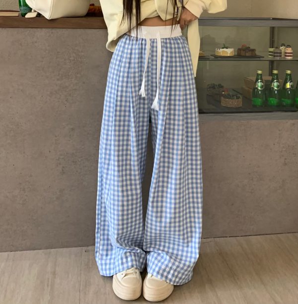 Dopamine Blue Plaid Pants for Women - Relaxed Mid-Waist Straight-Leg Wide-Leg Trousers - Casual 90s Inspired Style