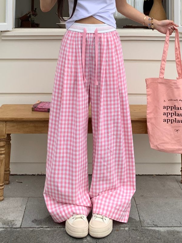 Dopamine Blue Plaid Pants for Women - Relaxed Mid-Waist Straight-Leg Wide-Leg Trousers - Casual 90s Inspired Style