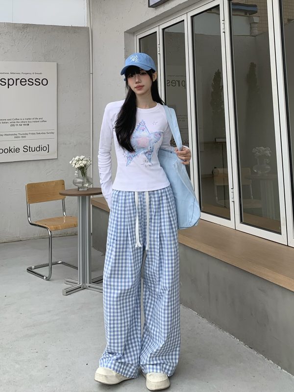 Dopamine Blue Plaid Pants for Women - Relaxed Mid-Waist Straight-Leg Wide-Leg Trousers - Casual 90s Inspired Style