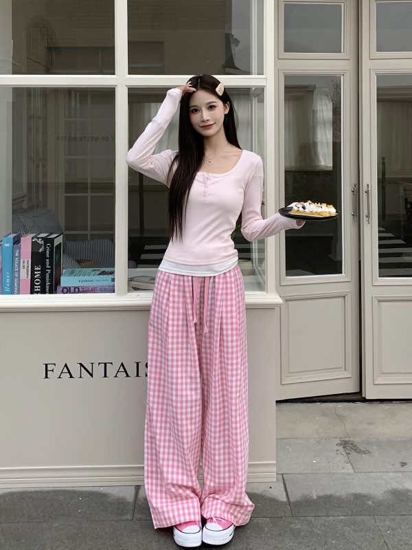 Dopamine Blue Plaid Pants for Women - Relaxed Mid-Waist Straight-Leg Wide-Leg Trousers - Casual 90s Inspired Style