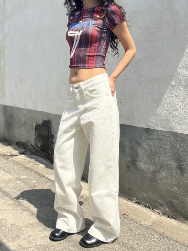 Draped White Straight-Leg Low-Rise Floor-Length Jeans for Women - American Vintage 2025 Style