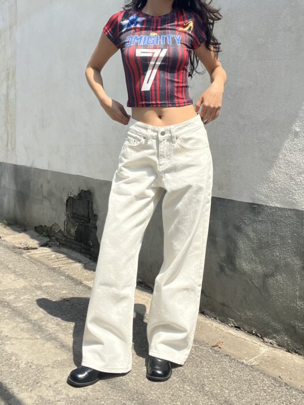 Draped White Straight-Leg Low-Rise Floor-Length Jeans for Women - American Vintage 2025 Style