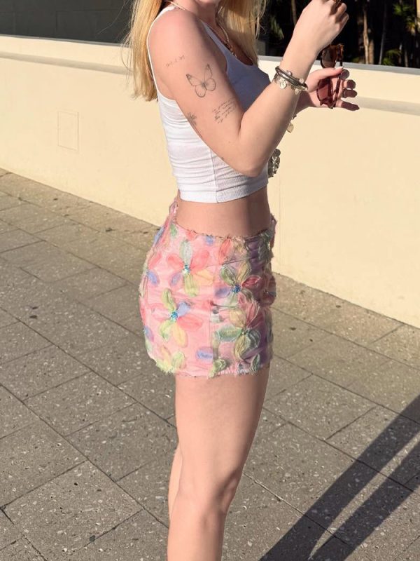 Dreamy Clouds Floral Bodycon Ultra-Short Skirt for Women - Low-Waist Brushed Edge Half Skirt in Trendy Y2K Style