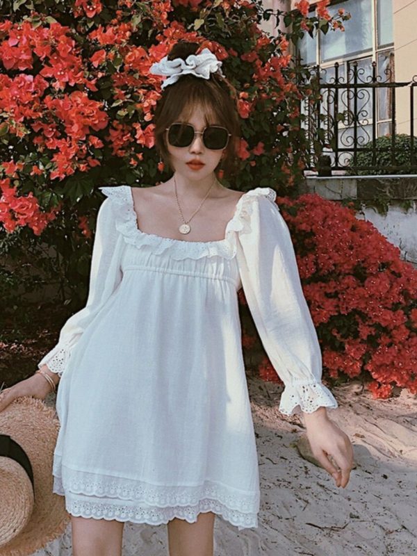Dreamy Love Skirt - French Vintage Lace Ruffle Cotton Linen White Dress for 2025 Spring/Summer Vacation, Y2K Style