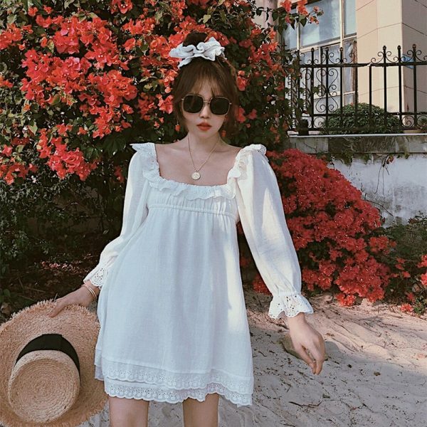 Dreamy Love Skirt - French Vintage Lace Ruffle Cotton Linen White Dress for 2025 Spring/Summer Vacation, Y2K Style