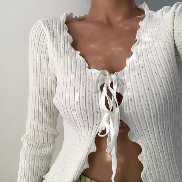 Early Autumn Retro Sweet Lace-Edged V-Neck Hollow Out Tie Long Sleeve Knitted Cardigan Short Jacket Top for Y2K Style