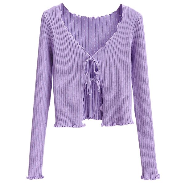 Early Autumn Retro Sweet Lace-Edged V-Neck Hollow Out Tie Long Sleeve Knitted Cardigan Short Jacket Top for Y2K Style