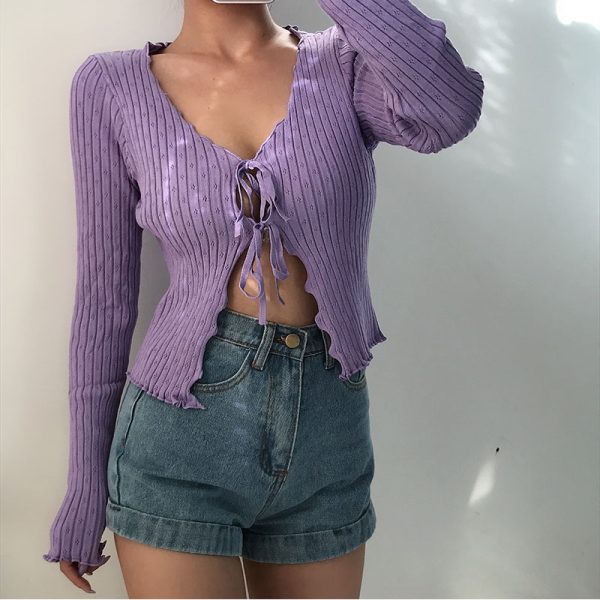 Early Autumn Retro Sweet Lace-Edged V-Neck Hollow Out Tie Long Sleeve Knitted Cardigan Short Jacket Top for Y2K Style