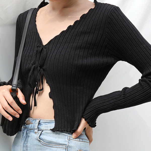 Early Autumn Retro Sweet Lace-Edged V-Neck Hollow Out Tie Long Sleeve Knitted Cardigan Short Jacket Top for Y2K Style