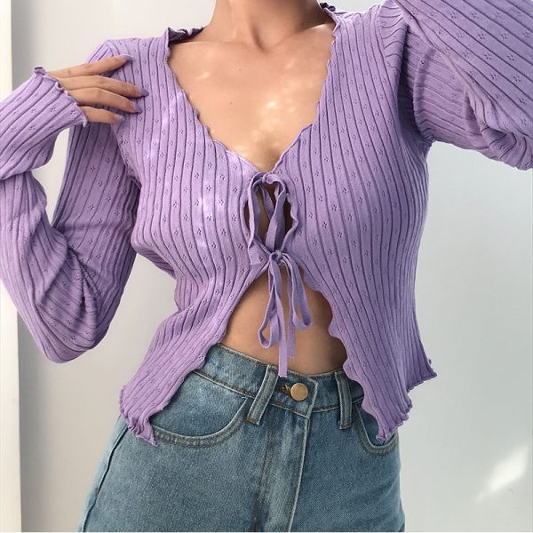 Early Autumn Retro Sweet Lace-Edged V-Neck Hollow Out Tie Long Sleeve Knitted Cardigan Short Jacket Top for Y2K Style