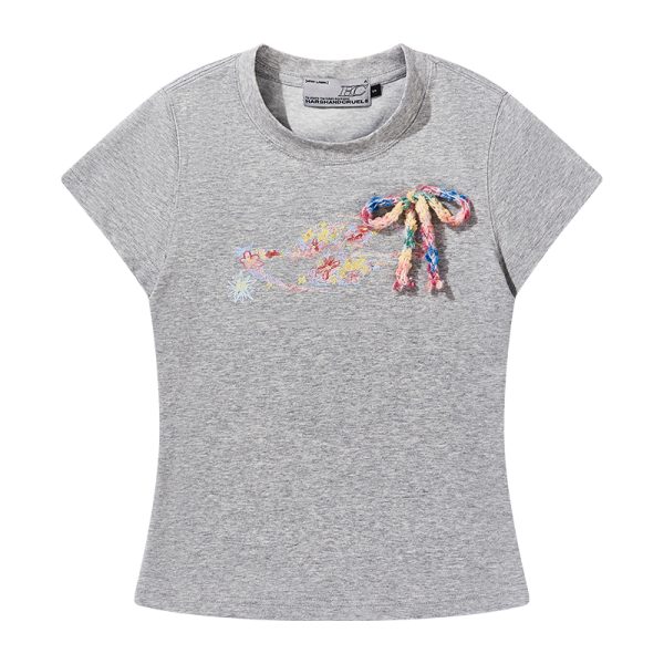 Elastic Knitted Crayon Flower Short-Sleeve Summer T-Shirt for Women - Waist-Cinching Slim Fit, Trendy Y2K Style