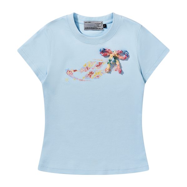 Elastic Knitted Crayon Flower Short-Sleeve Summer T-Shirt for Women - Waist-Cinching Slim Fit, Trendy Y2K Style
