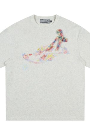 Elastic Knitted Crayon Flower Short-Sleeve Summer T-Shirt for Women - Waist-Cinching Slim Fit, Trendy Y2K Style