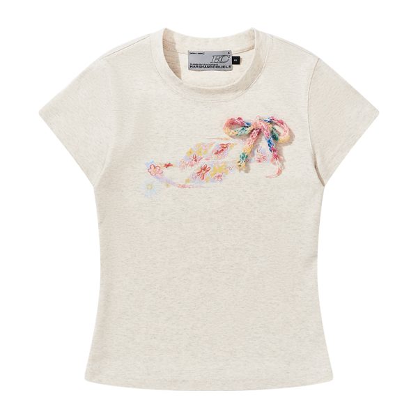 Elastic Knitted Crayon Flower Short-Sleeve Summer T-Shirt for Women - Waist-Cinching Slim Fit, Trendy Y2K Style