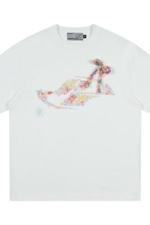 Elastic Knitted Crayon Flower Short-Sleeve Summer T-Shirt for Women - Waist-Cinching Slim Fit, Trendy Y2K Style