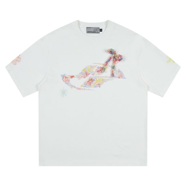 Elastic Knitted Crayon Flower Short-Sleeve Summer T-Shirt for Women - Waist-Cinching Slim Fit, Trendy Y2K Style