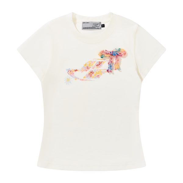 Elastic Knitted Crayon Flower Short-Sleeve Summer T-Shirt for Women - Waist-Cinching Slim Fit, Trendy Y2K Style