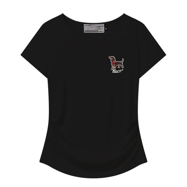 Elastic Knitted Embroidered Puppy Short Sleeve Summer T-Shirt for Women - Slim Fit, Casual Style, Perfect for 90s and Y2K Fashion