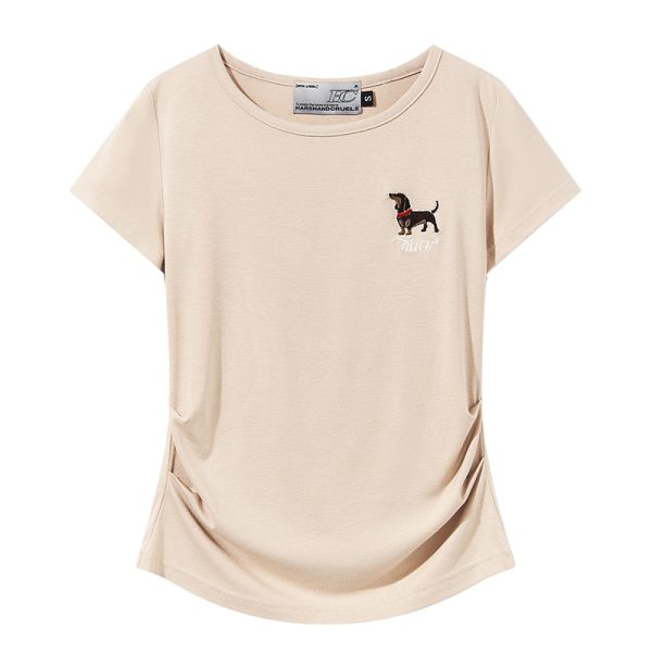 Elastic Knitted Embroidered Puppy Short Sleeve Summer T-Shirt for Women - Slim Fit, Casual Style, Perfect for 90s and Y2K Fashion