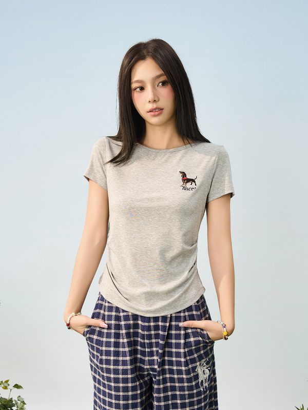 Elastic Knitted Embroidered Puppy Short Sleeve Summer T-Shirt for Women - Slim Fit, Casual Style, Perfect for 90s and Y2K Fashion