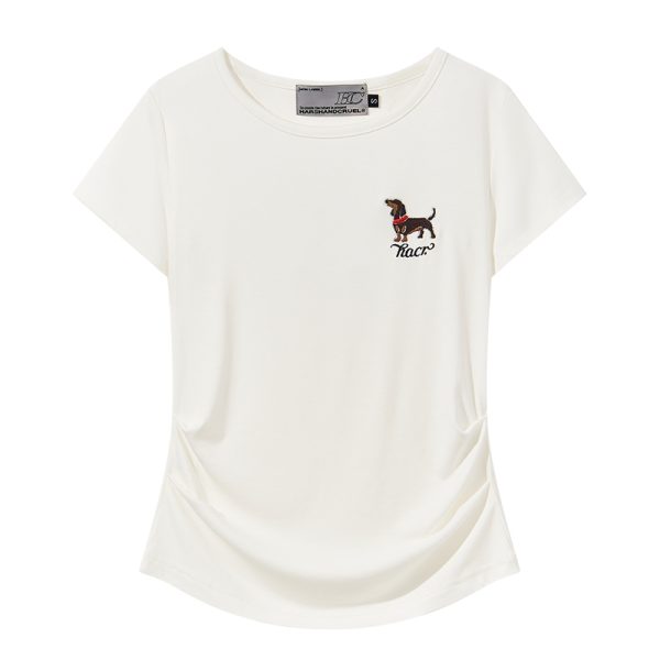 Elastic Knitted Embroidered Puppy Short Sleeve Summer T-Shirt for Women - Slim Fit, Casual Style, Perfect for 90s and Y2K Fashion