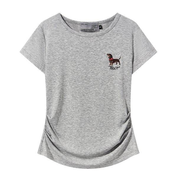 Elastic Knitted Embroidered Puppy Short Sleeve Summer T-Shirt for Women - Slim Fit, Casual Style, Perfect for 90s and Y2K Fashion