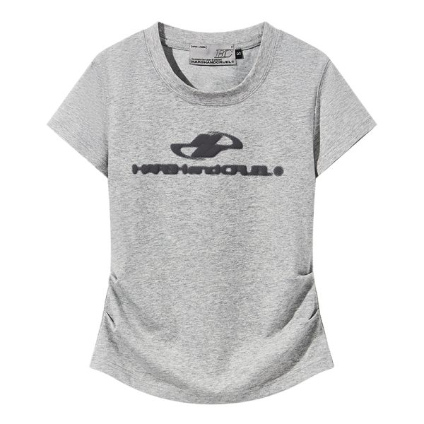 Elastic Knitted Logo Short-Sleeve Summer T-Shirt for Women - Slim Fit Casual Top, Perfect for 90s and Y2K Styles